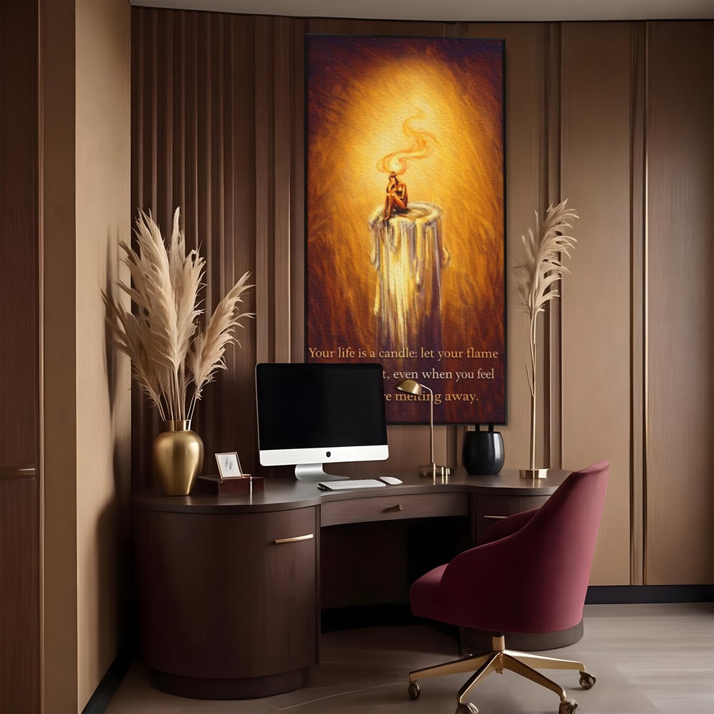Tablou canvas cu tablou canvas cu lumanare si mesaj motivational, in rama de aluminiu negru, pe perete intr-un birou